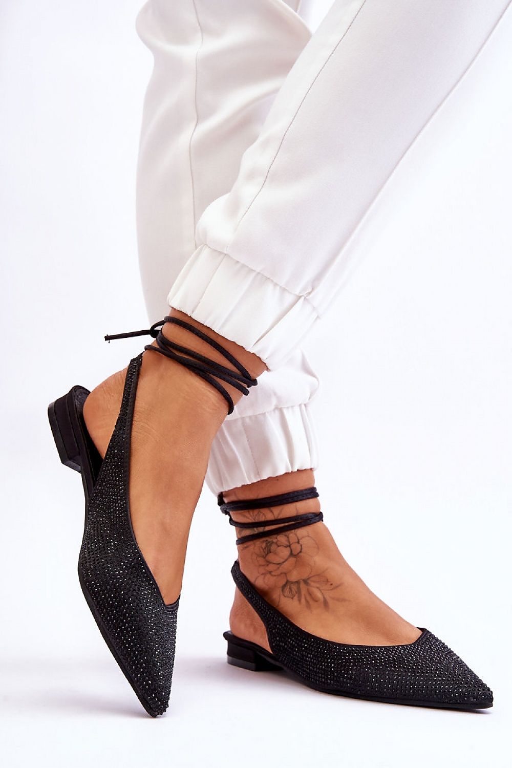 TEEK - Shimmery Textured Ballet Ankle Tie Flats SHOES TEEK Trend black 5.5 