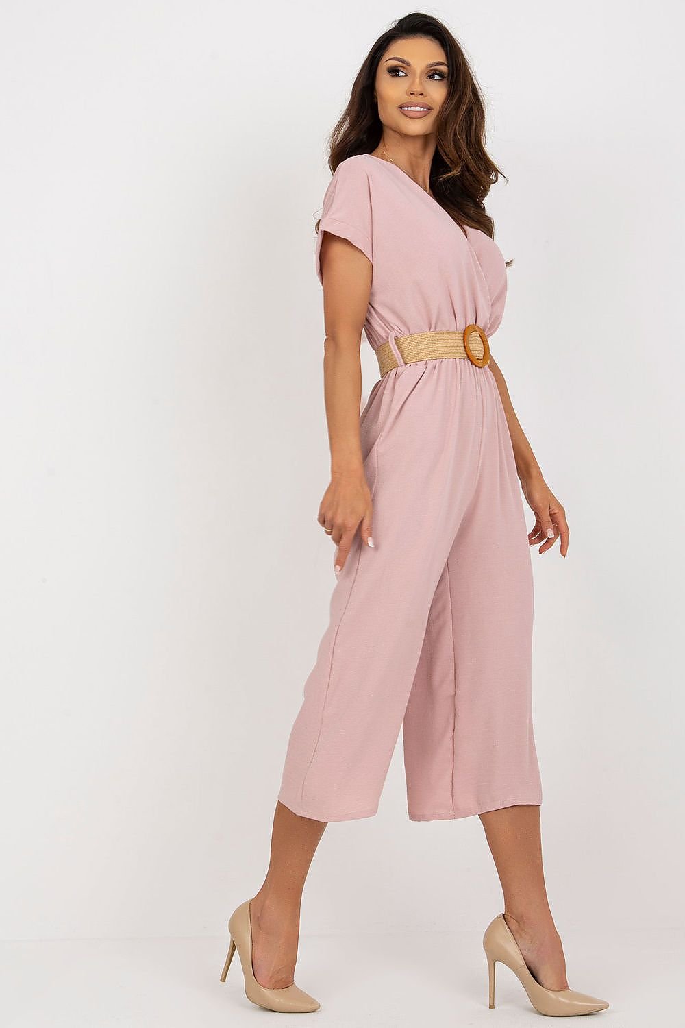 TEEK - V-Neck Cropped Belted Jumpsuit JUMPSUIT TEEK MH pink One Size 