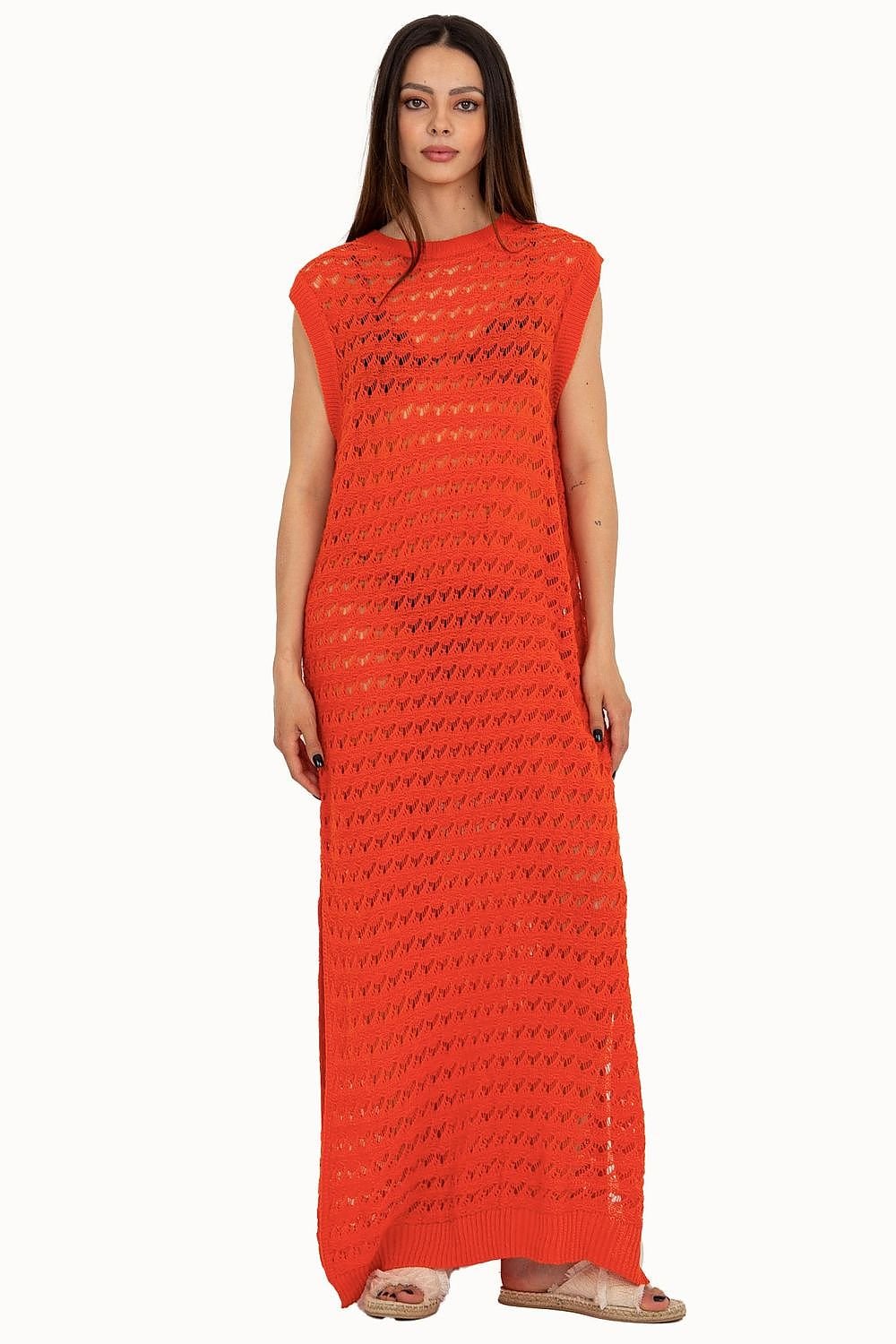 TEEK - Sleeveless Mesh Side Slits Beach Dress DRESS TEEK MH orange One Size 