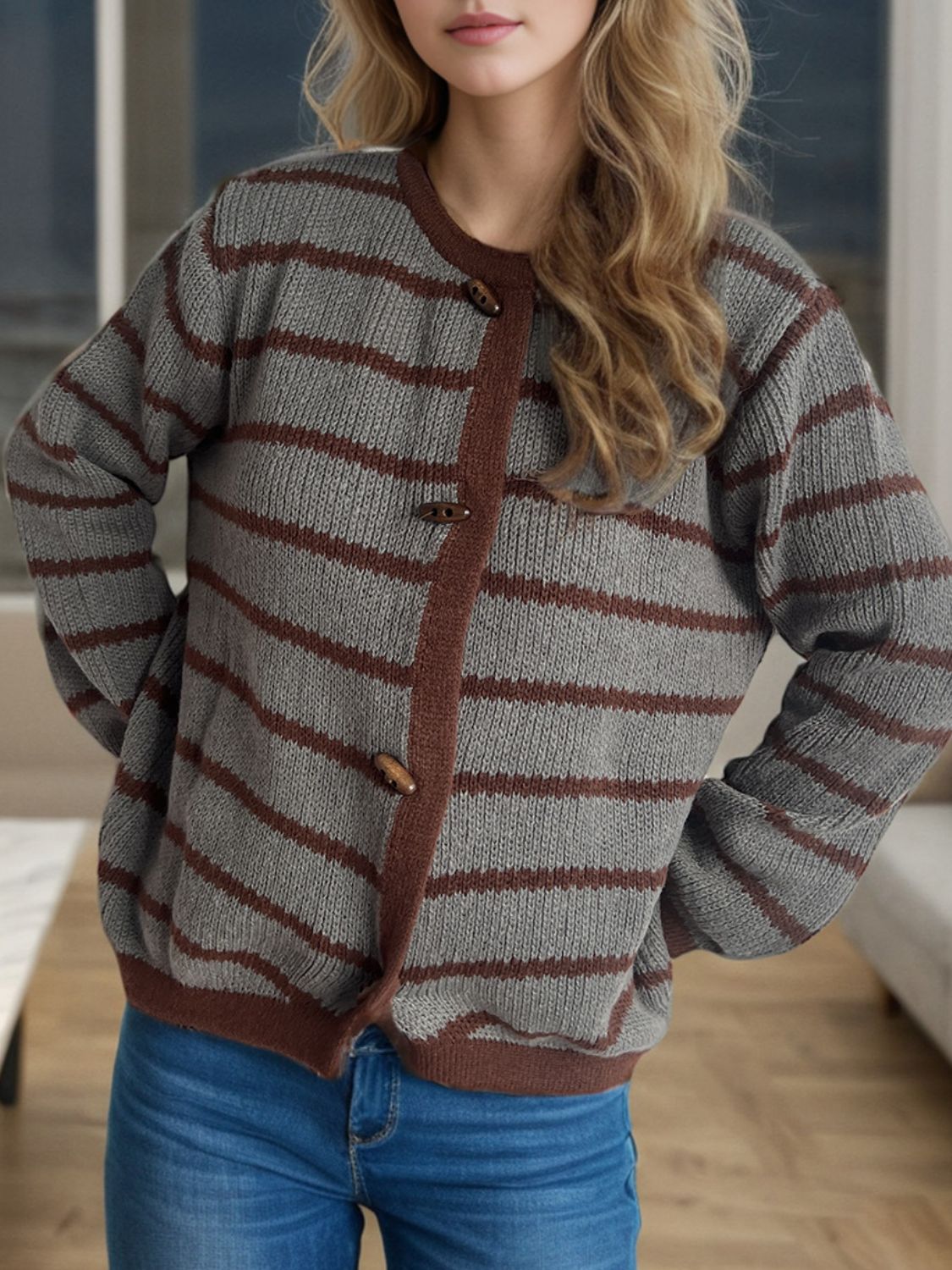 TEEK - Striped Round Neck Long Sleeve Cardigan TEEK Trend