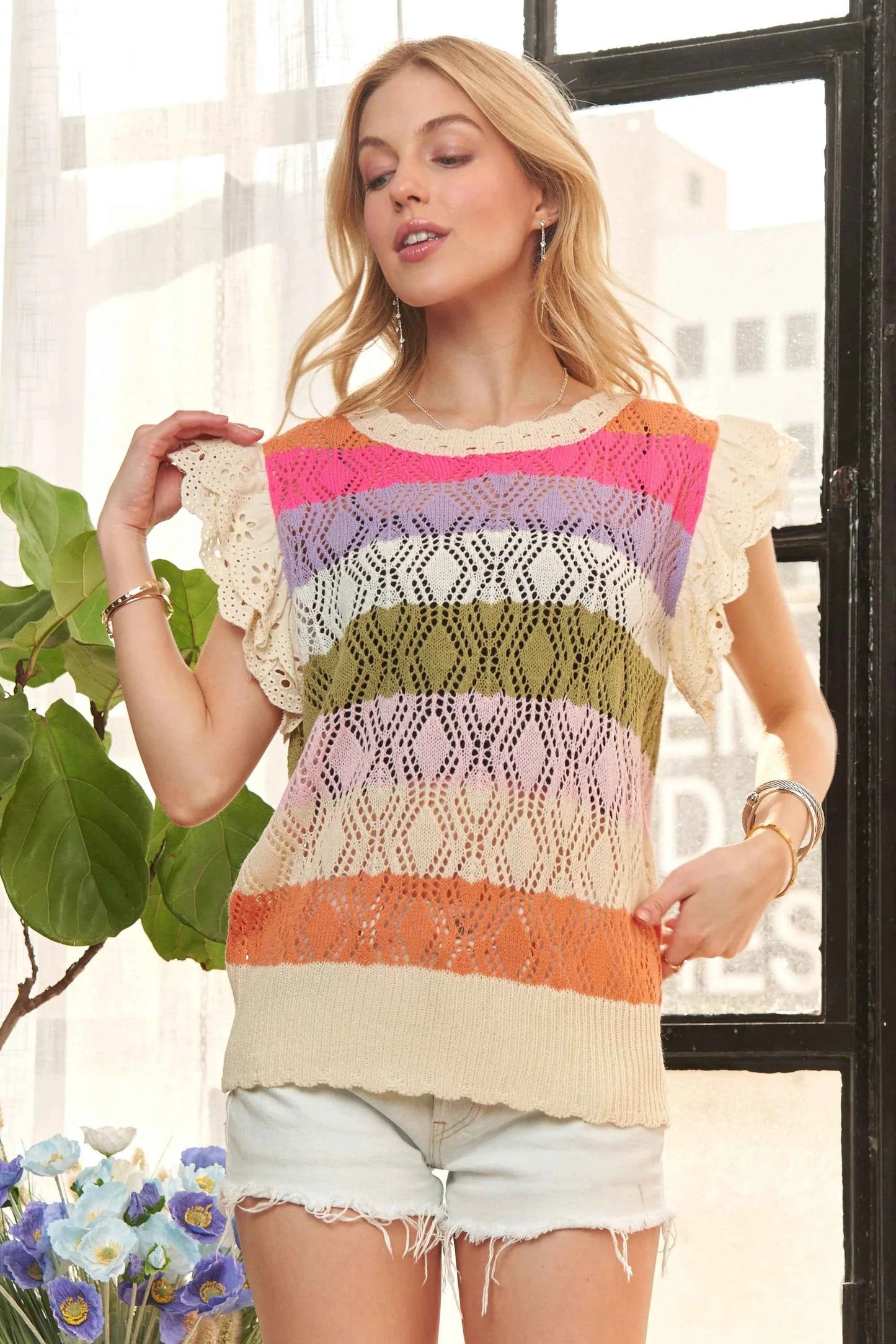 TEEK - Eyelet Sleeve Multi Color Crochet Top TOPS TEEK Trend