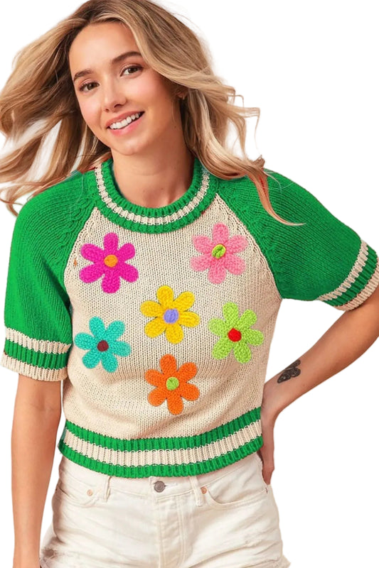 TEEK - Jade Crochet Flower Patches Striped Rib Band Sweater TOPS TEEK Trend S