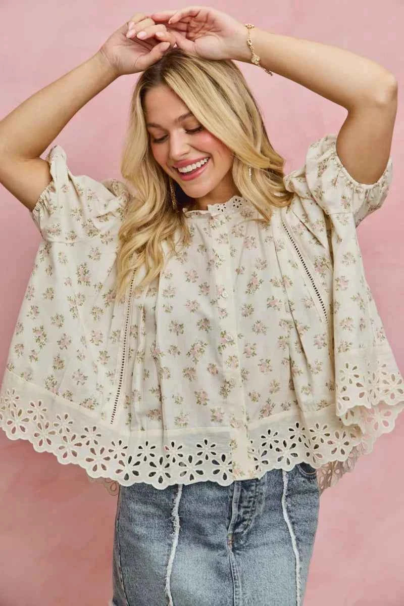 TEEK - Floral Print Lace Trim Short Sleeves Blouse TOPS TEEK Trend