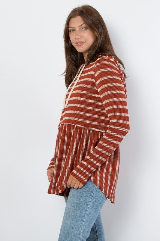 TEEK - Rust Drawstring Striped Babydoll Hoodie TOPS TEEK Trend