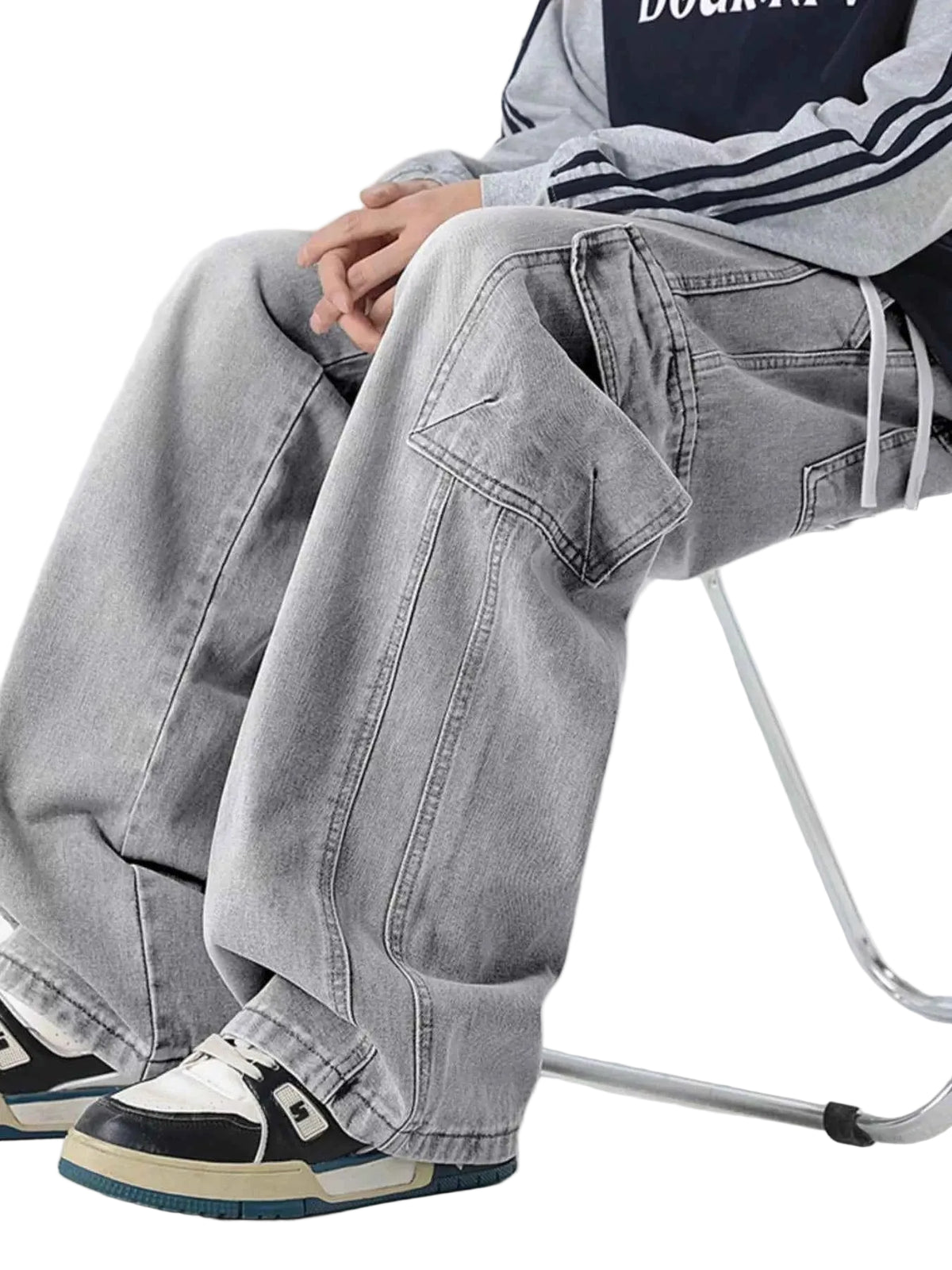 Men's Full Size Wash Wide Leg Cargo Jeans Plus Size Trendsi Light Gray S