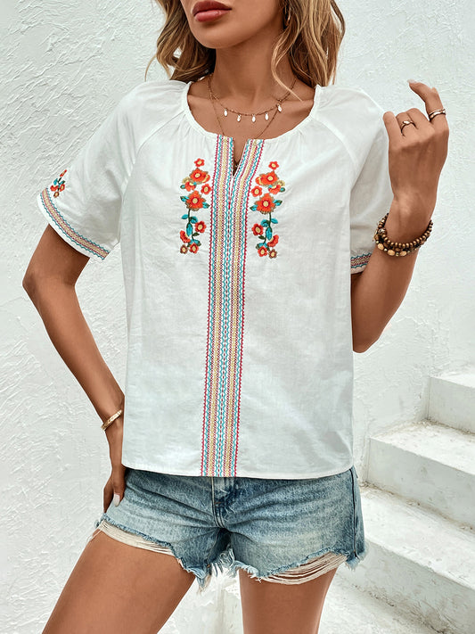 TEEK - White Embroidered Notched Short Sleeve Blouse TOPS TEEK Trend S  