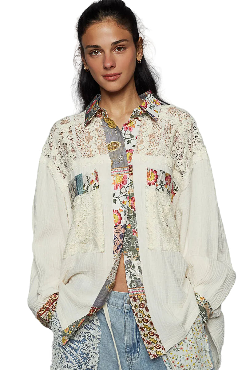 TEEK - Ivory Lace Patchwork Floral Trim Long Sleeve Shirt TOPS TEEK Trend S