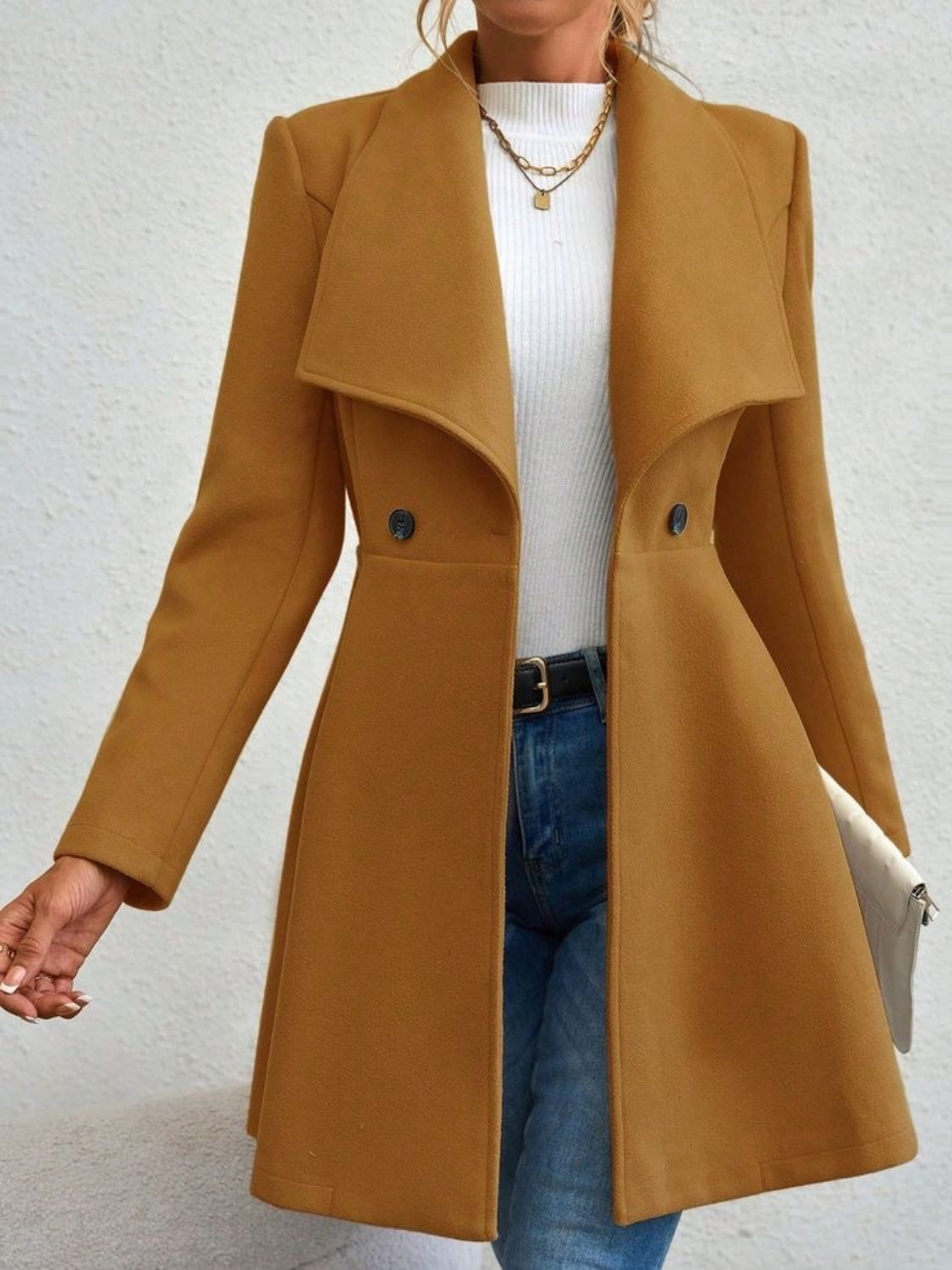 Collared Neck Button Up Long Sleeve Coat TEEK Trend Mustard S