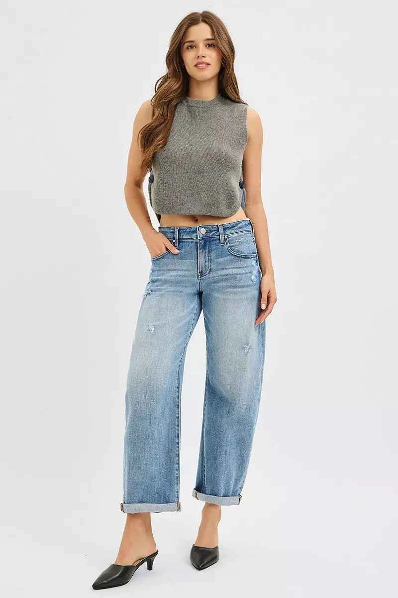 TEEK - Full Size Slouchy Ankle Length Cuffs Barrel Jeans Plus Size JEANS TEEK Trend