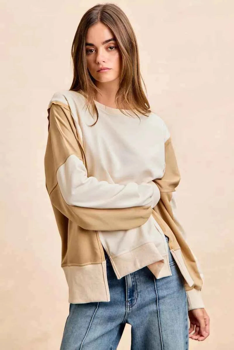 TEEK - French Terry Color Block Top With Open Seam Detail Trendsi