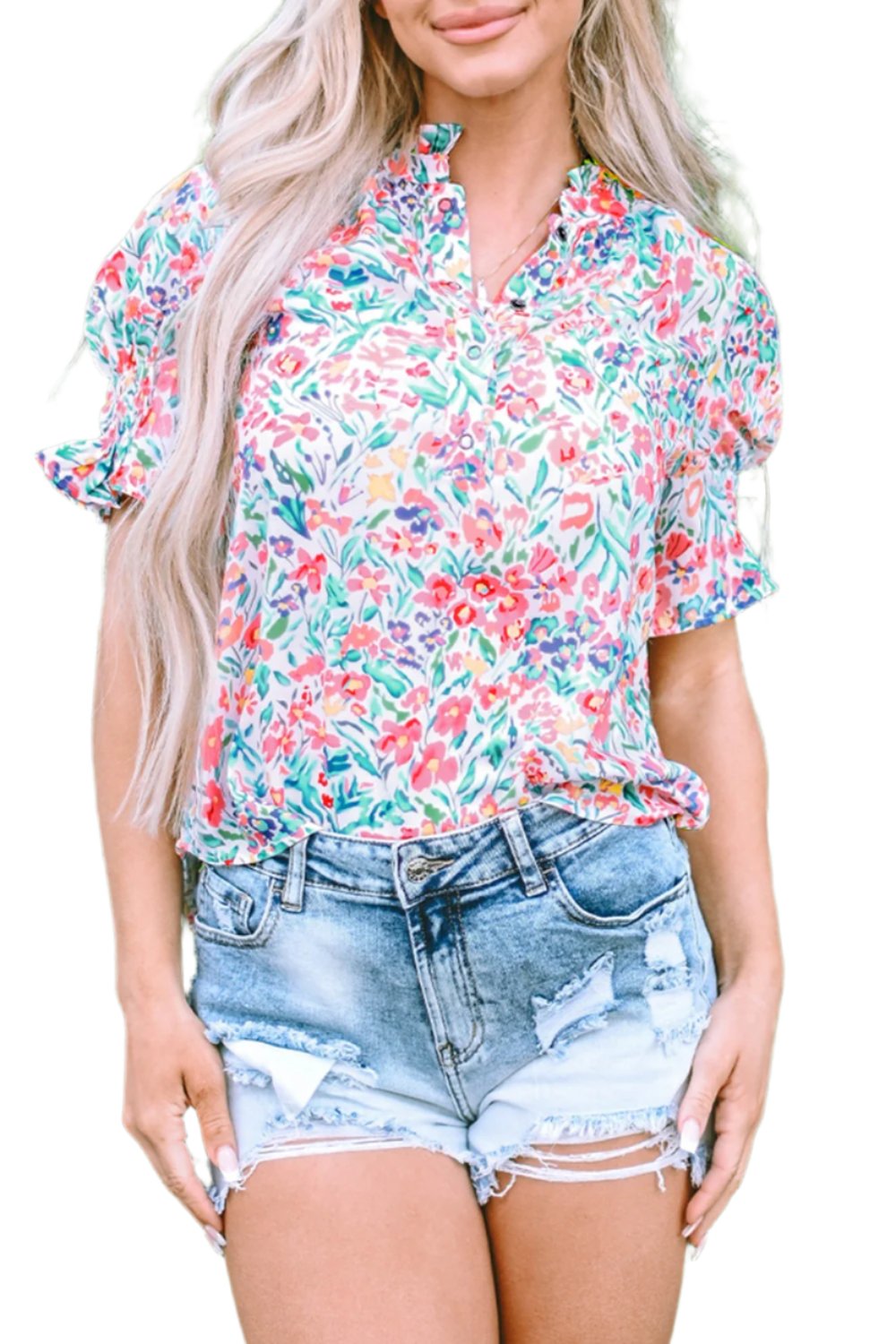 TEEK - Floral Printed Notched Short Sleeve Blouse TOPS TEEK Trend S  