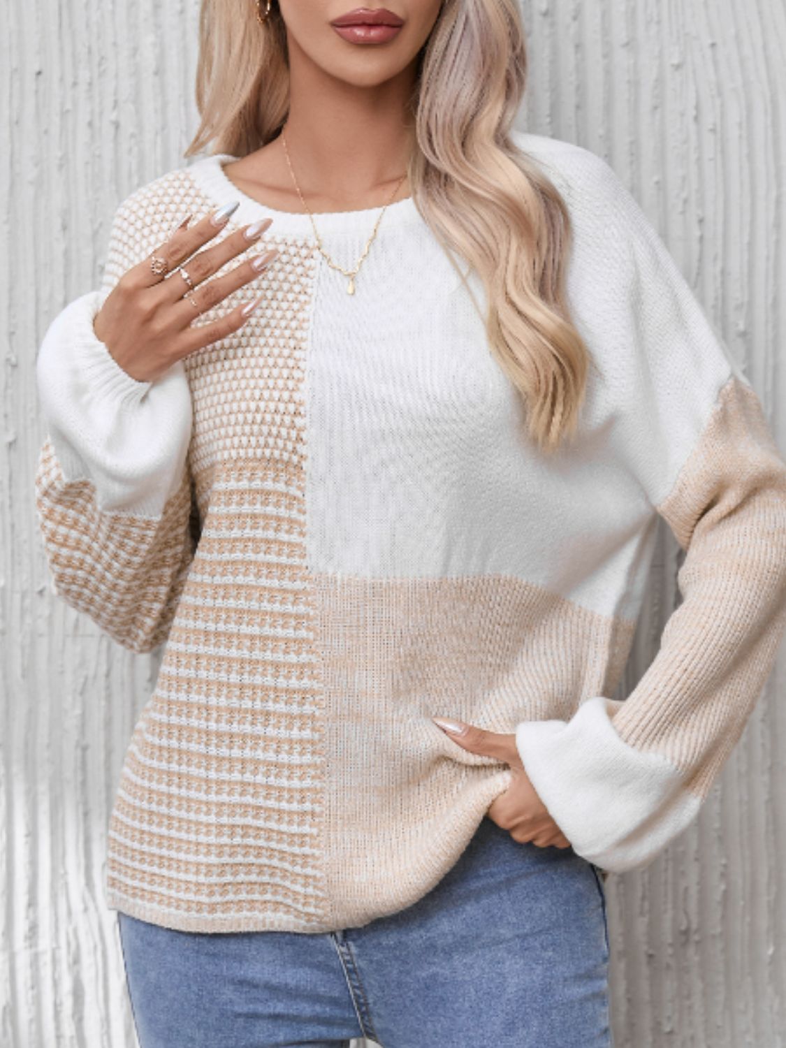 Contrast Round Neck Long Sleeve Sweater TEEK Trend