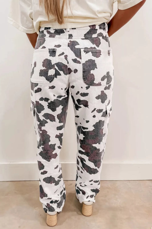 Cow Spots Printed Multi Pocketed Jeans Trendsi