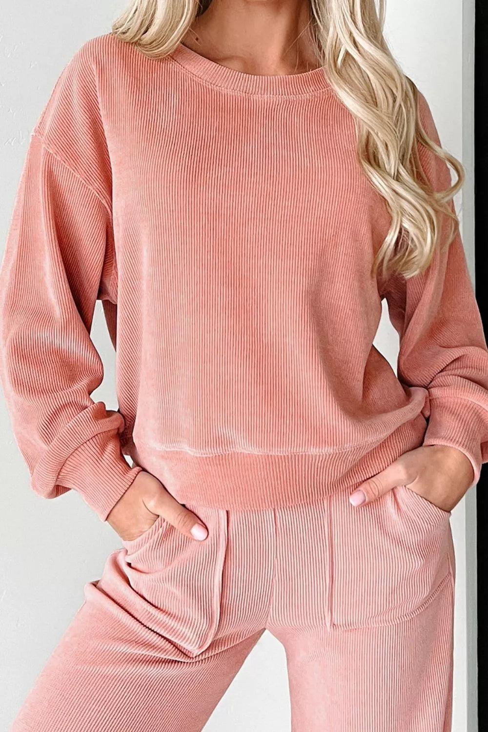 Ribbed Round Neck Top and Pants Set Trendsi