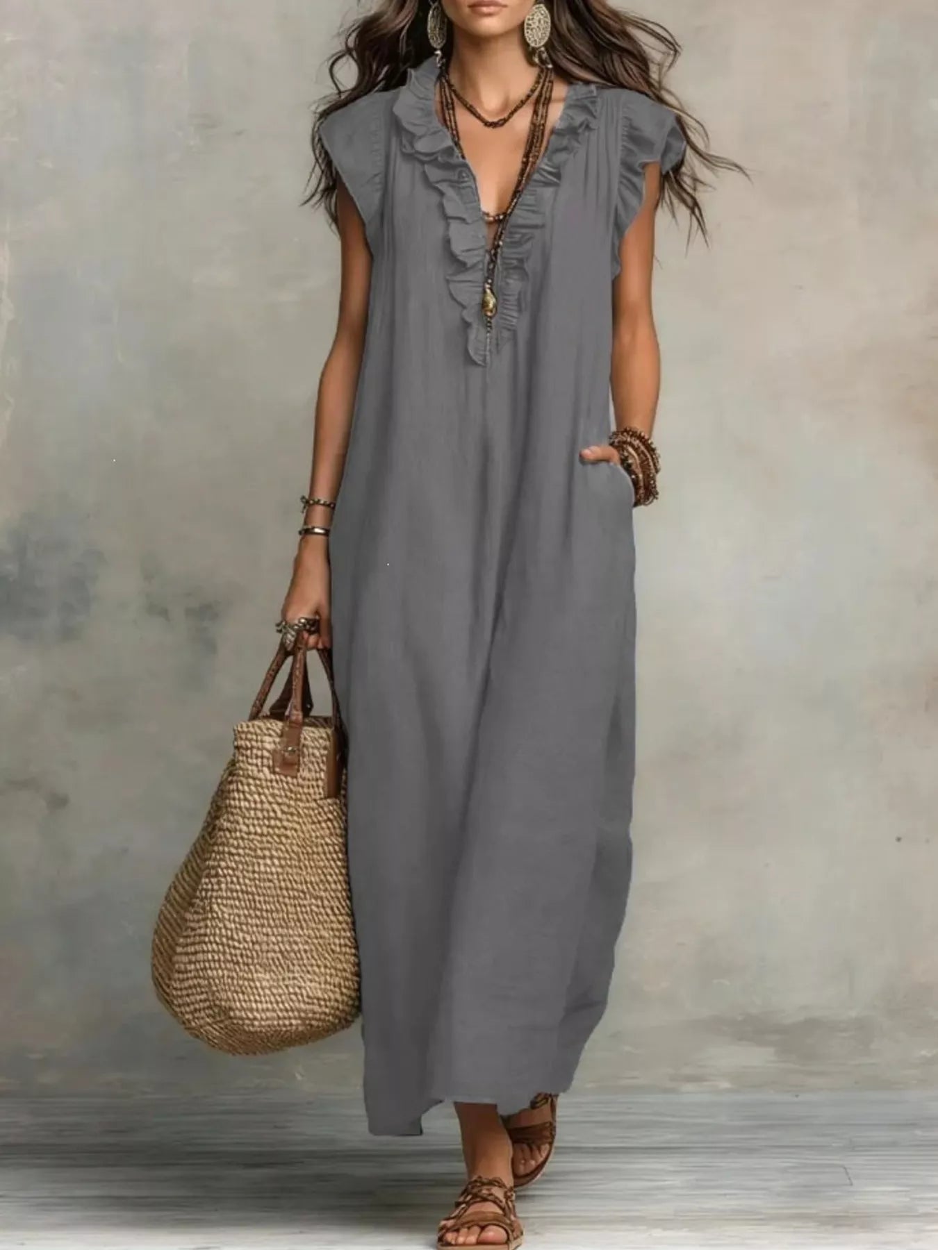 TEEK - Ruffled V-Neck Cap Sleeve Maxi Dress DRESS TEEK Trend Gray S