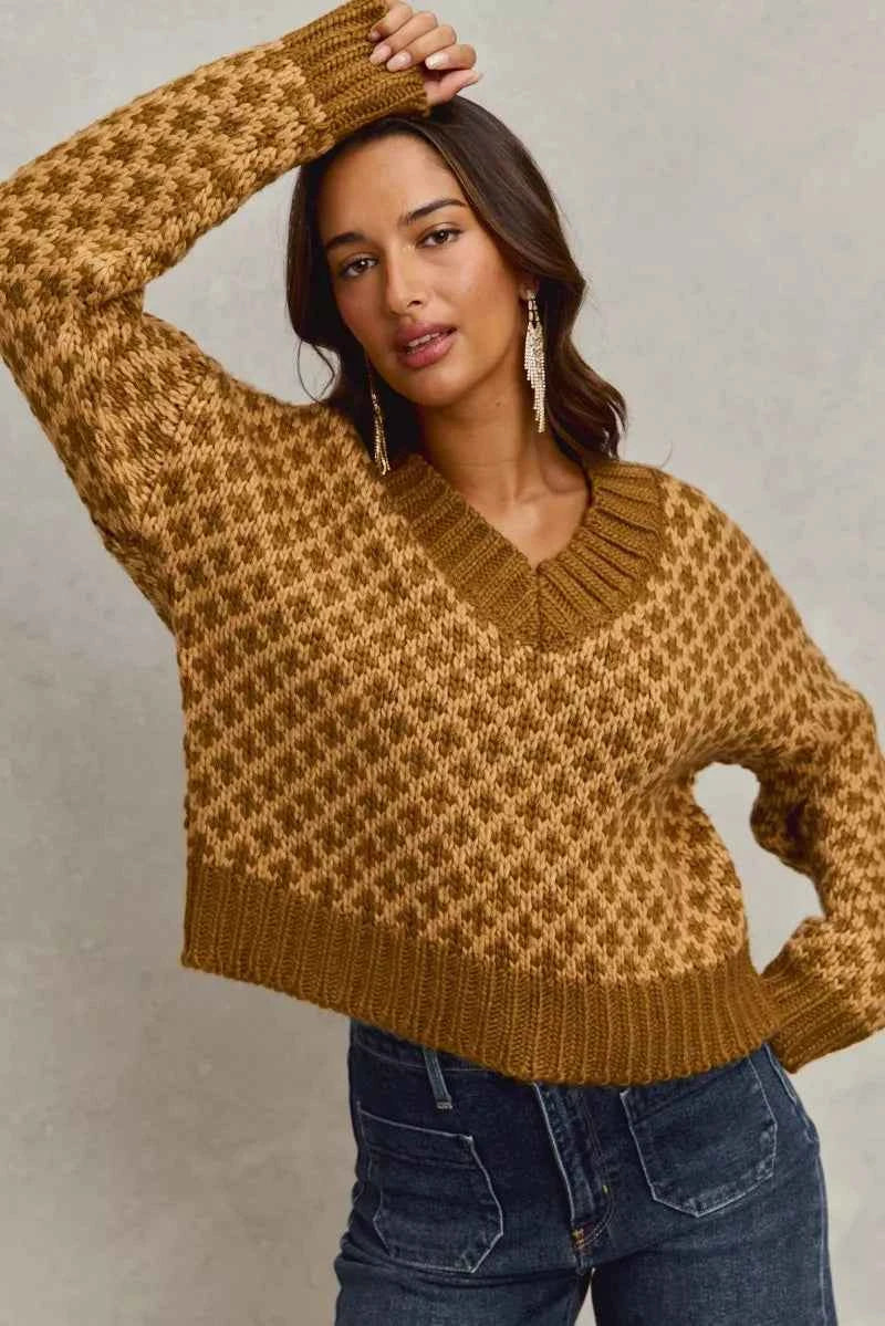 TEEK - Color Block Textured Sweater V-Neck Top TOPS TEEK Trend
