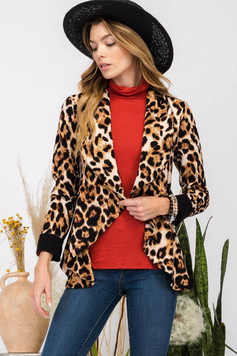 TEEK - Leopard Open Front Long Sleeve Blazer JACKET TEEK Trend