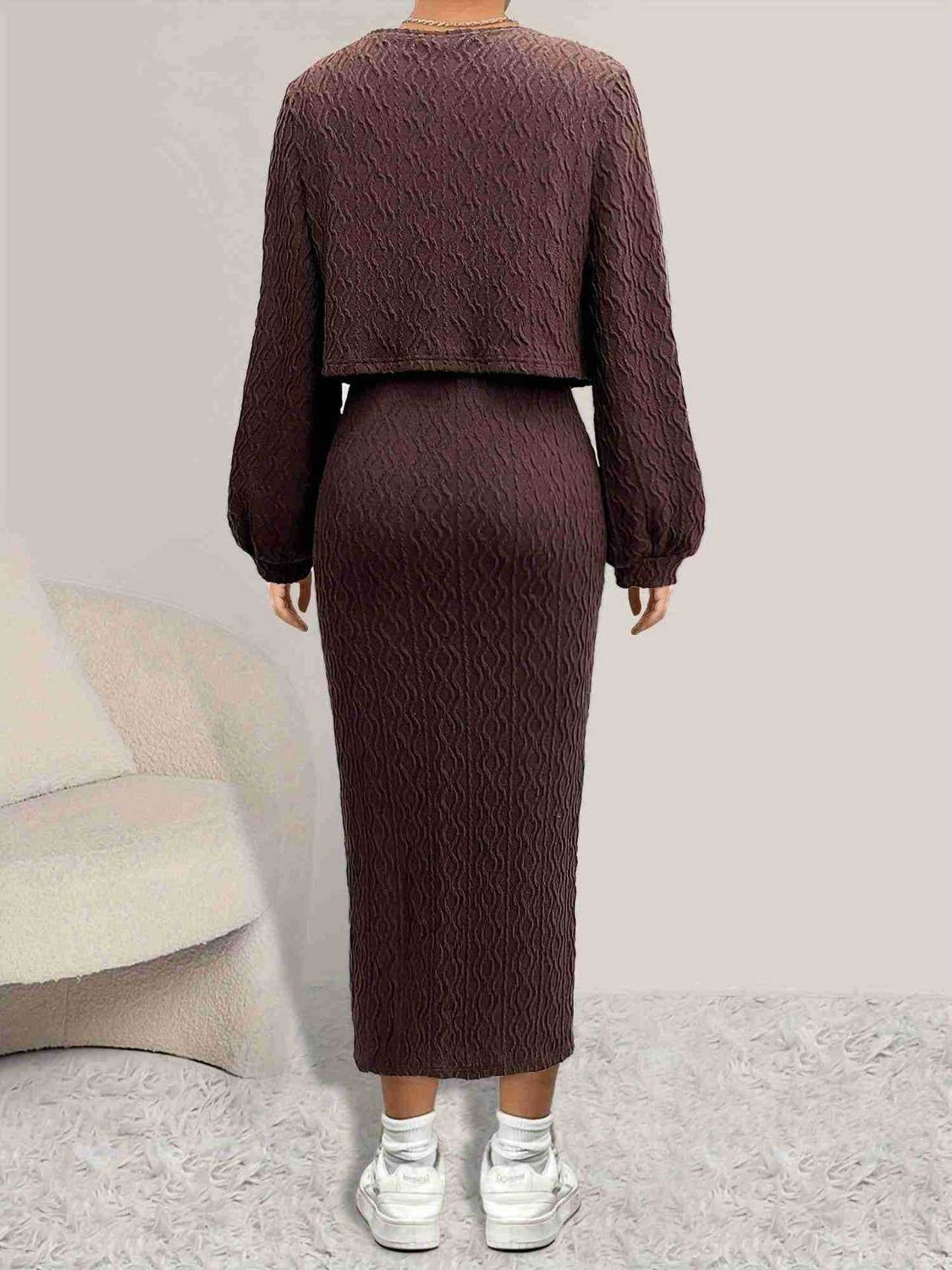 TEEK - Brown Long Sleeve Cardigan Side Slit Cami Dress Set SET TEEK Trend