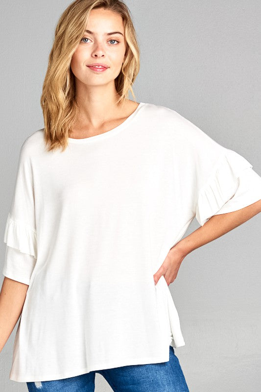 TEEK - PLUS SIZE SOLID RUFFLE SLEEVE TOP TOPS TEEK FG Ivory 1X 