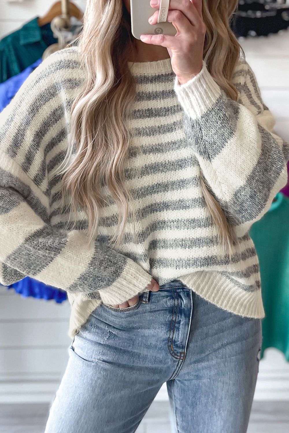 TEEK - Grey Striped Round Neck Dropped Shoulder Sweater TOPS TEEK Trend