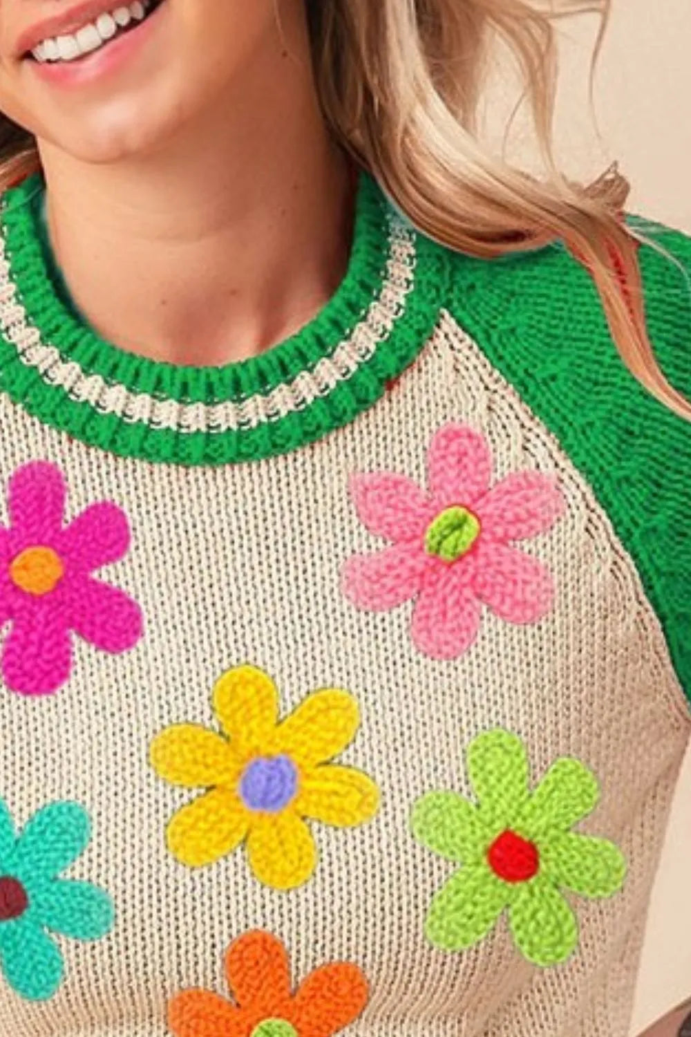 TEEK - Jade Crochet Flower Patches Striped Rib Band Sweater TOPS TEEK Trend