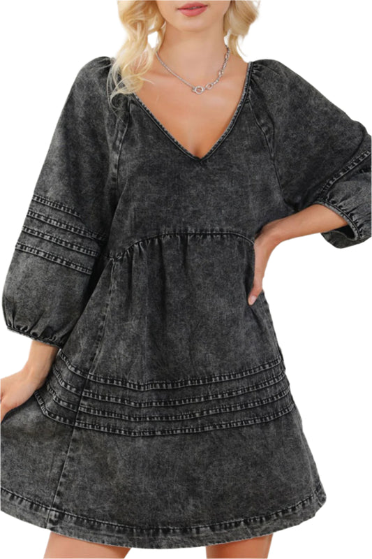 TEEK - Black V-Neck Three Quarter Sleeve Denim Dress DRESS TEEK Trend S