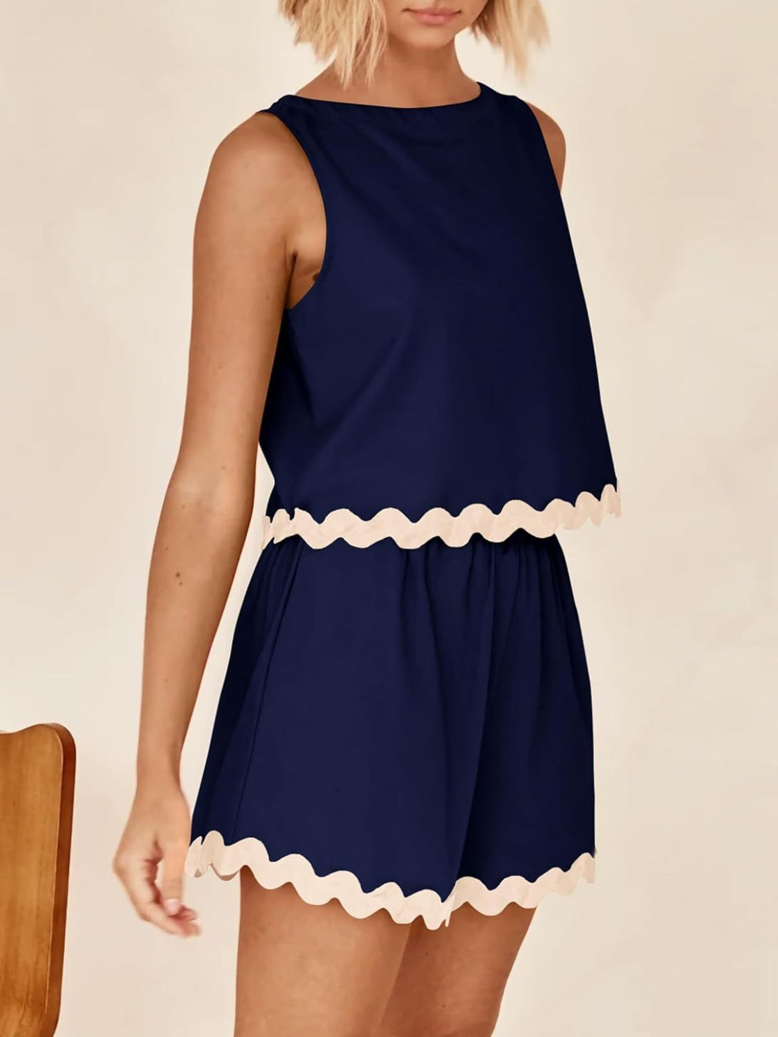 TEEK - Contrast Trim Sleeveless Top and Shorts Set SET TEEK Trend Navy S 