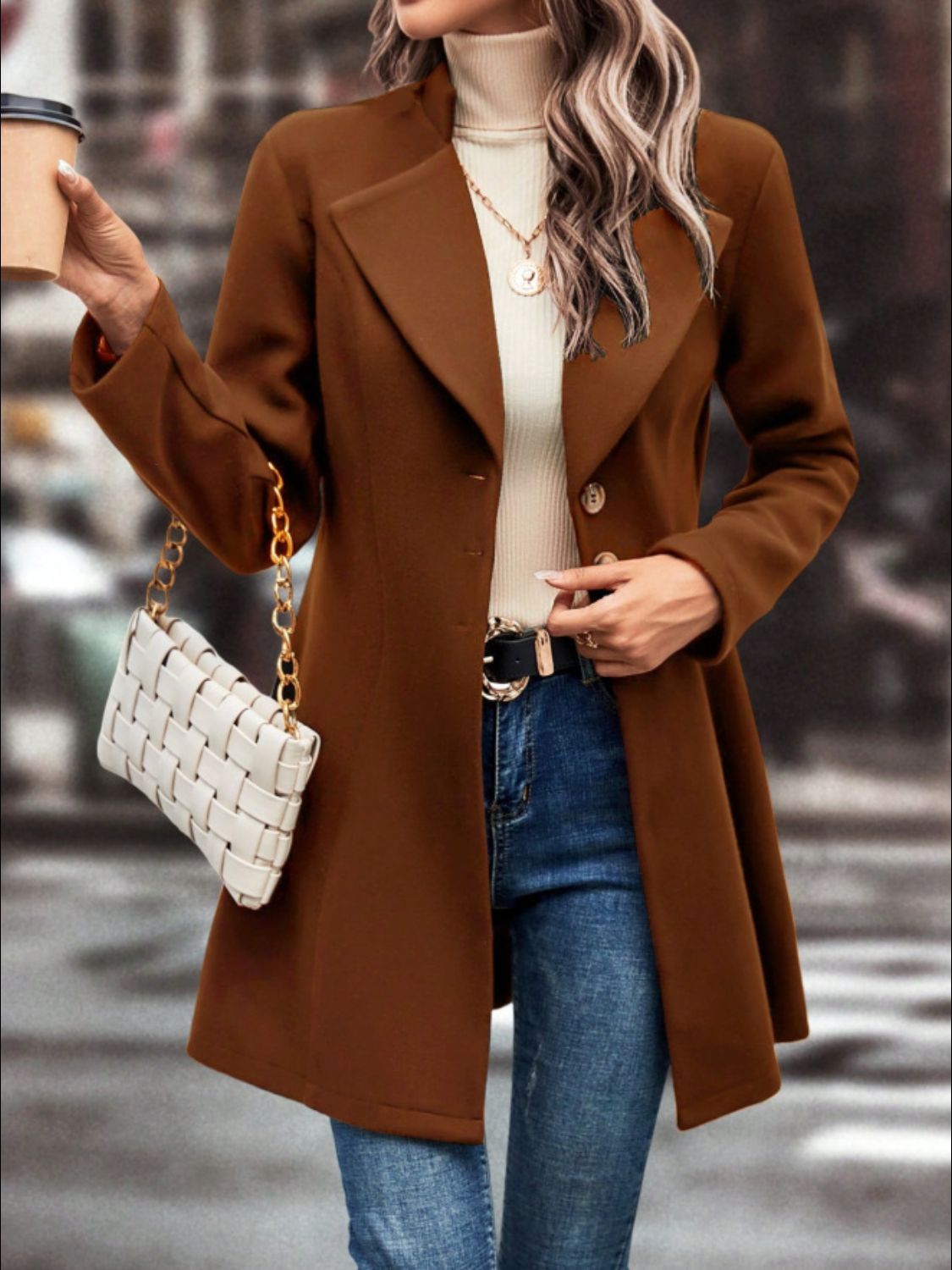 Collared Neck Button Up Long Sleeve Coat TEEK Trend