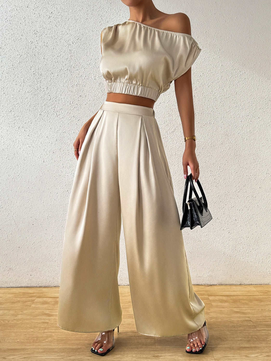 TEEK - Khaki One Shoulder Short Sleeve Top Wide Leg Pants Set SET TEEK Trend   