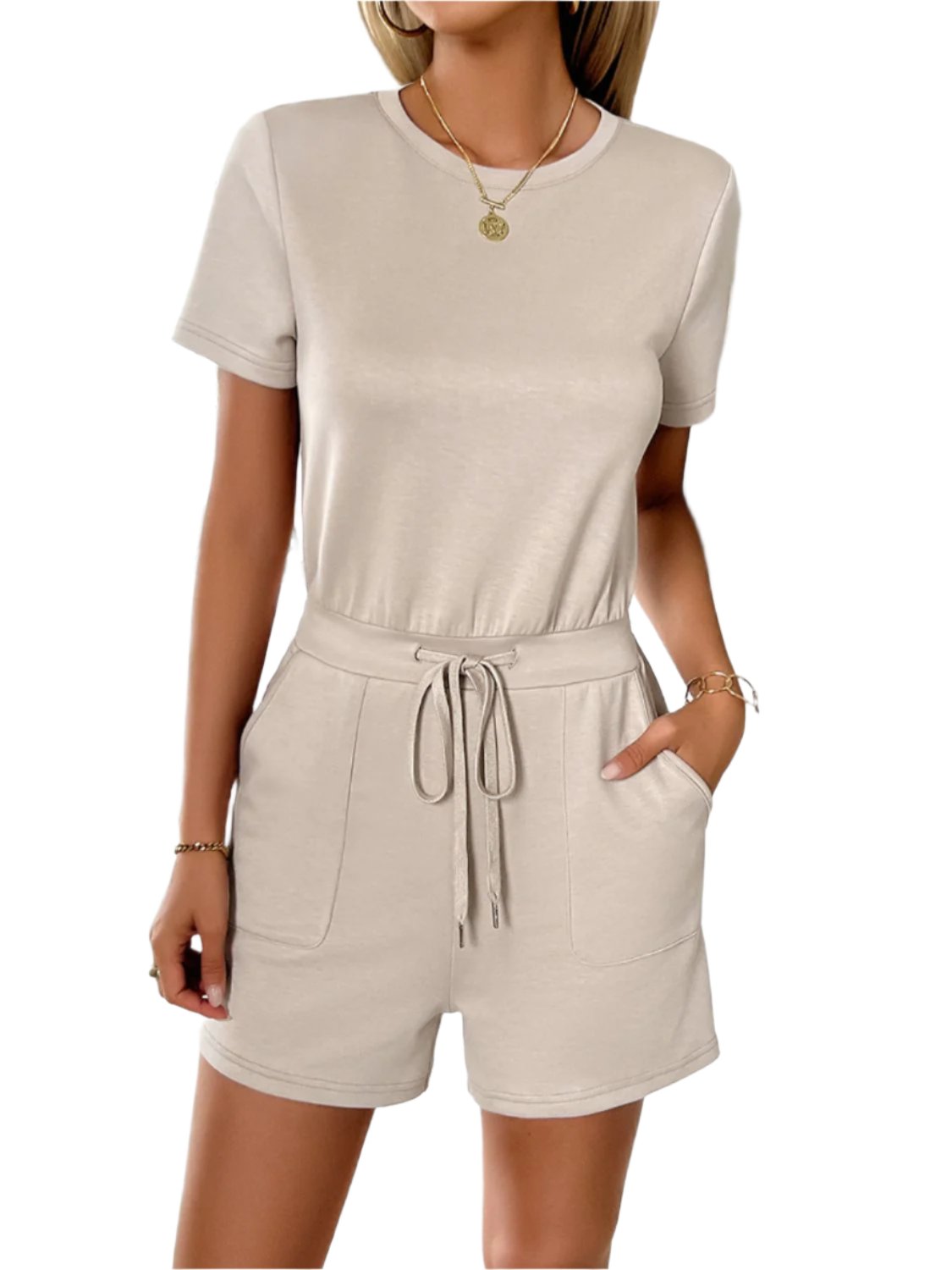 TEEK - Tied Round Neck Short Sleeve Romper JUMPSUIT TEEK Trend Dust Storm S 