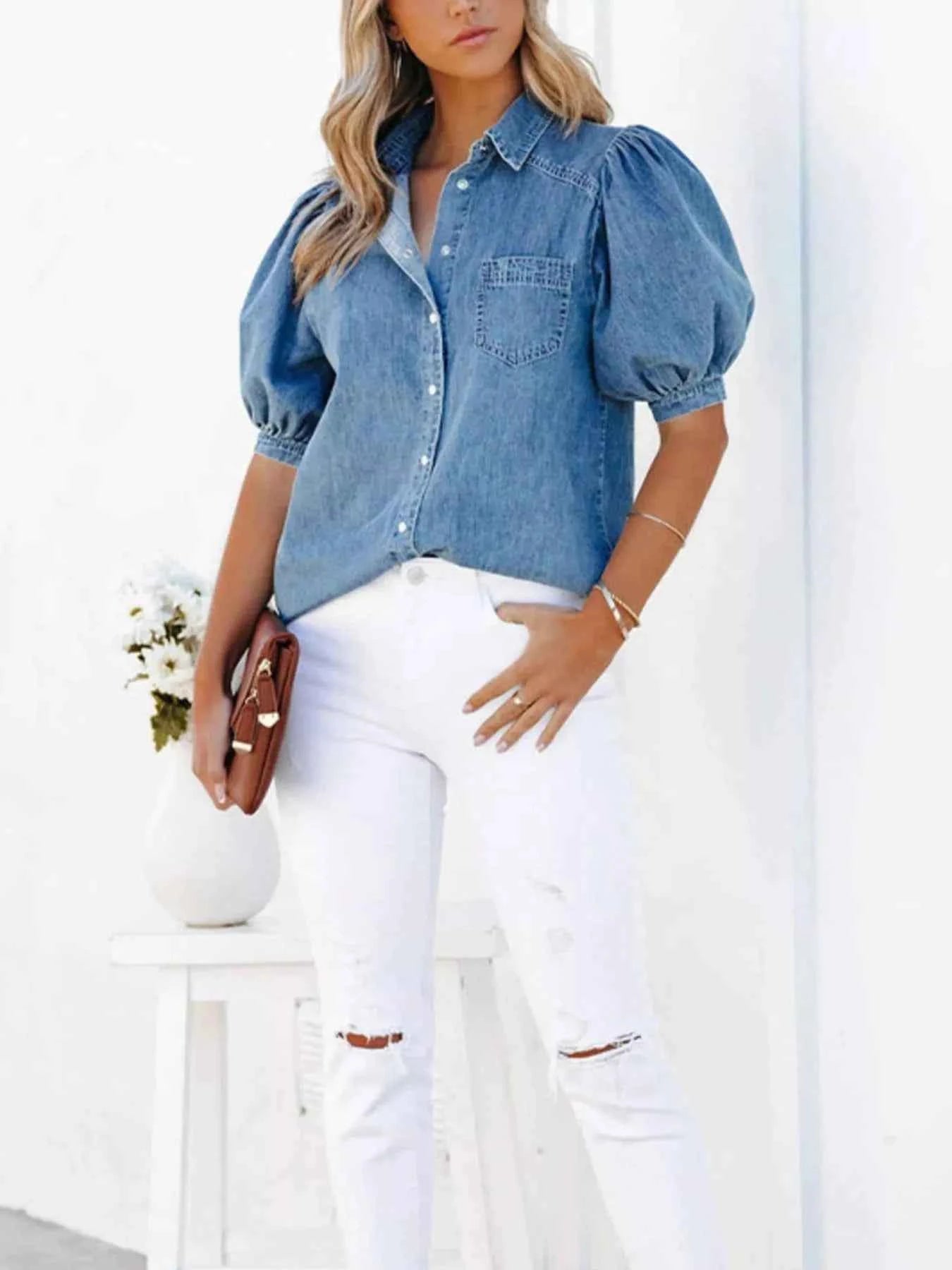 Puff Sleeve Button-Down Denim Top Trendsi
