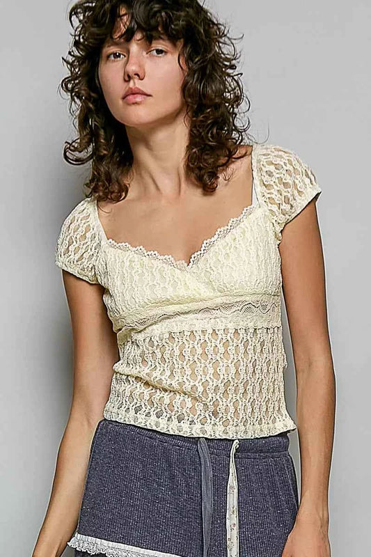 POL Sweetheart Neck Lace Short Sleeve Top Trendsi