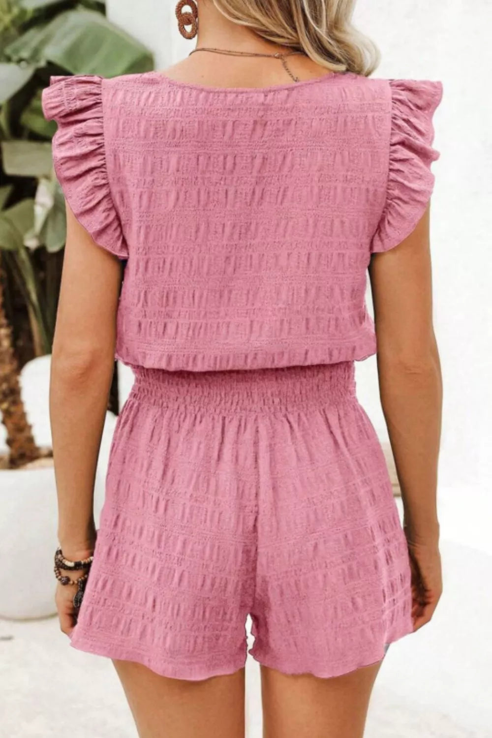 Ruffled Sleeve Textured Top and Shorts Two-Piece Set Trendsi