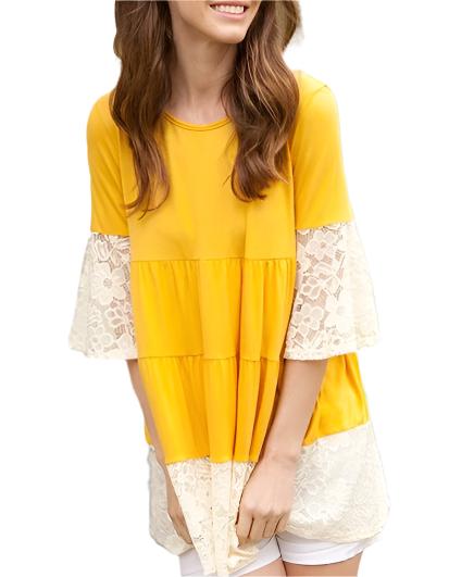 TEEK - Lace Ruffle Sleeve Tiered Tunic TOPS TEEK FG Yellow S 