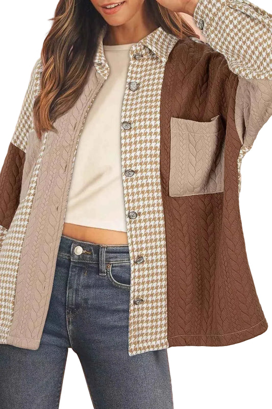 TEEK - Button Down Houndstooth Color Block Shacket TOPS TEEK Trend Brown S