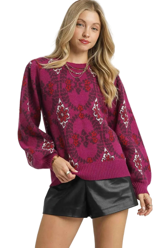 TEEK - Boho Patterned Long Sleeve Sweater TOPS TEEK Trend BERRY S
