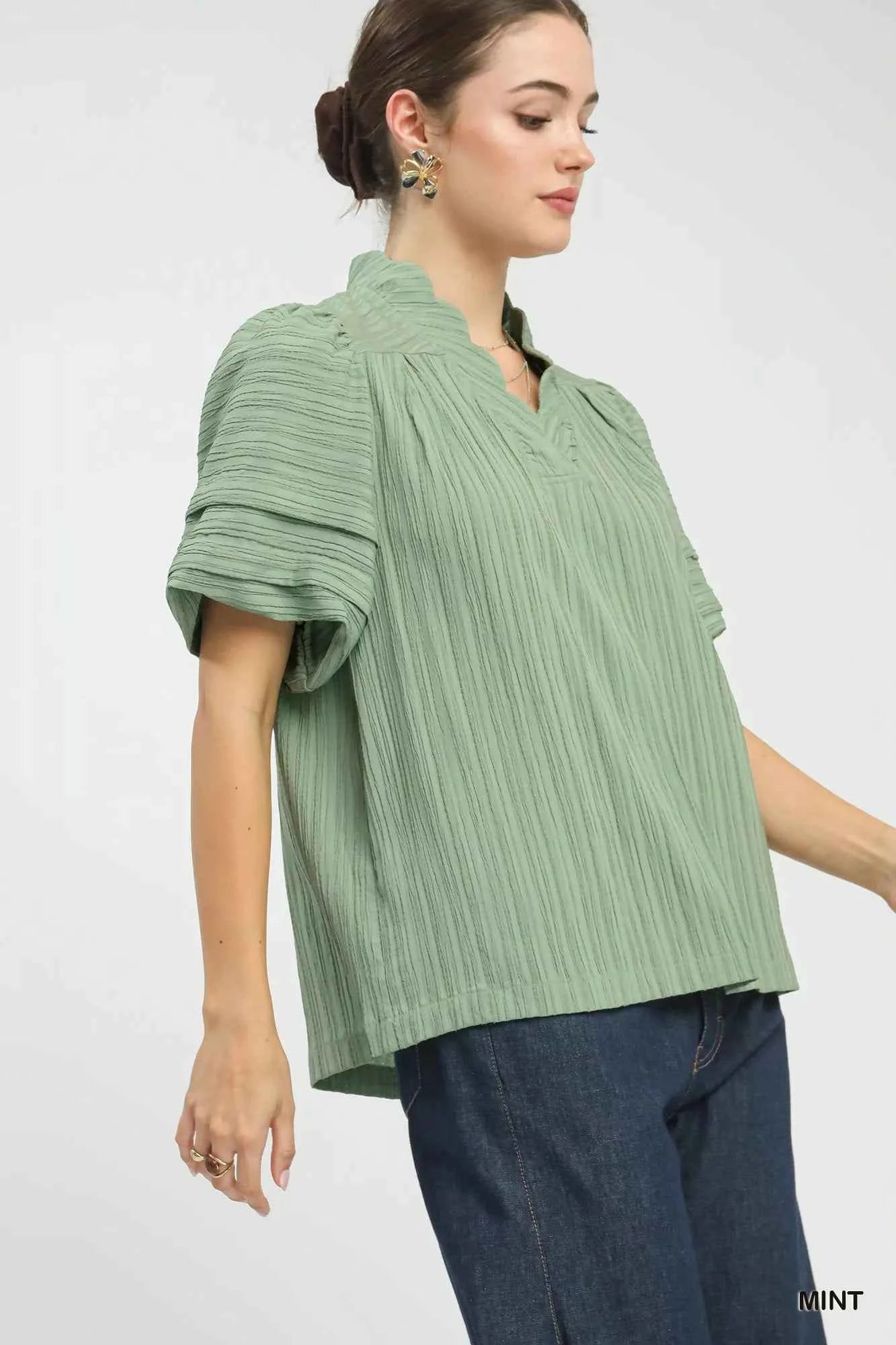 TEEK - Seersucker Bubble Sleeve V-Neck Blouse TOPS TEEK Trend
