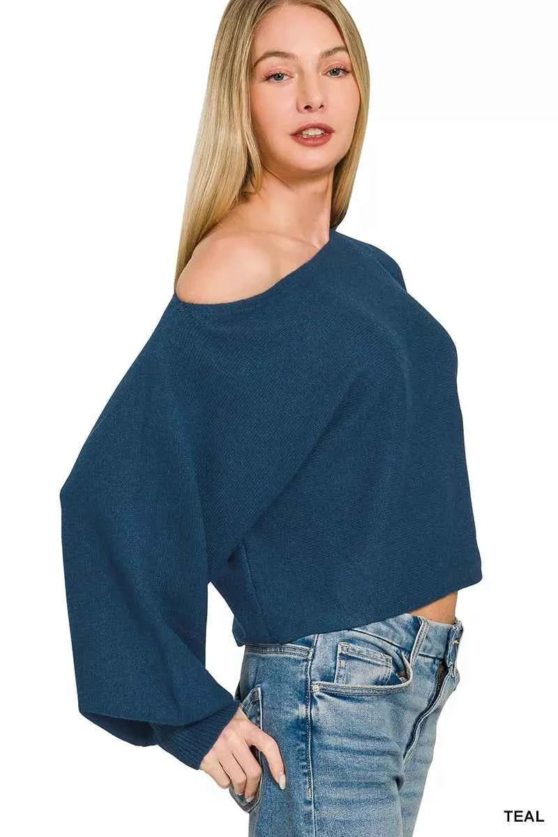 Zenana Boat Neck Balloon Sleeve Sweater Trendsi