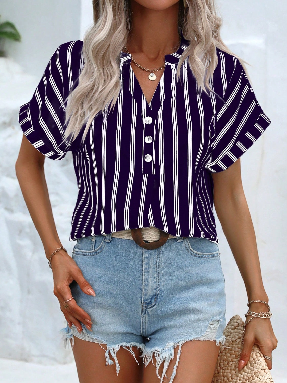 TEEK - Striped Button Notched Short Sleeve Blouse TOPS TEEK Trend Navy S 