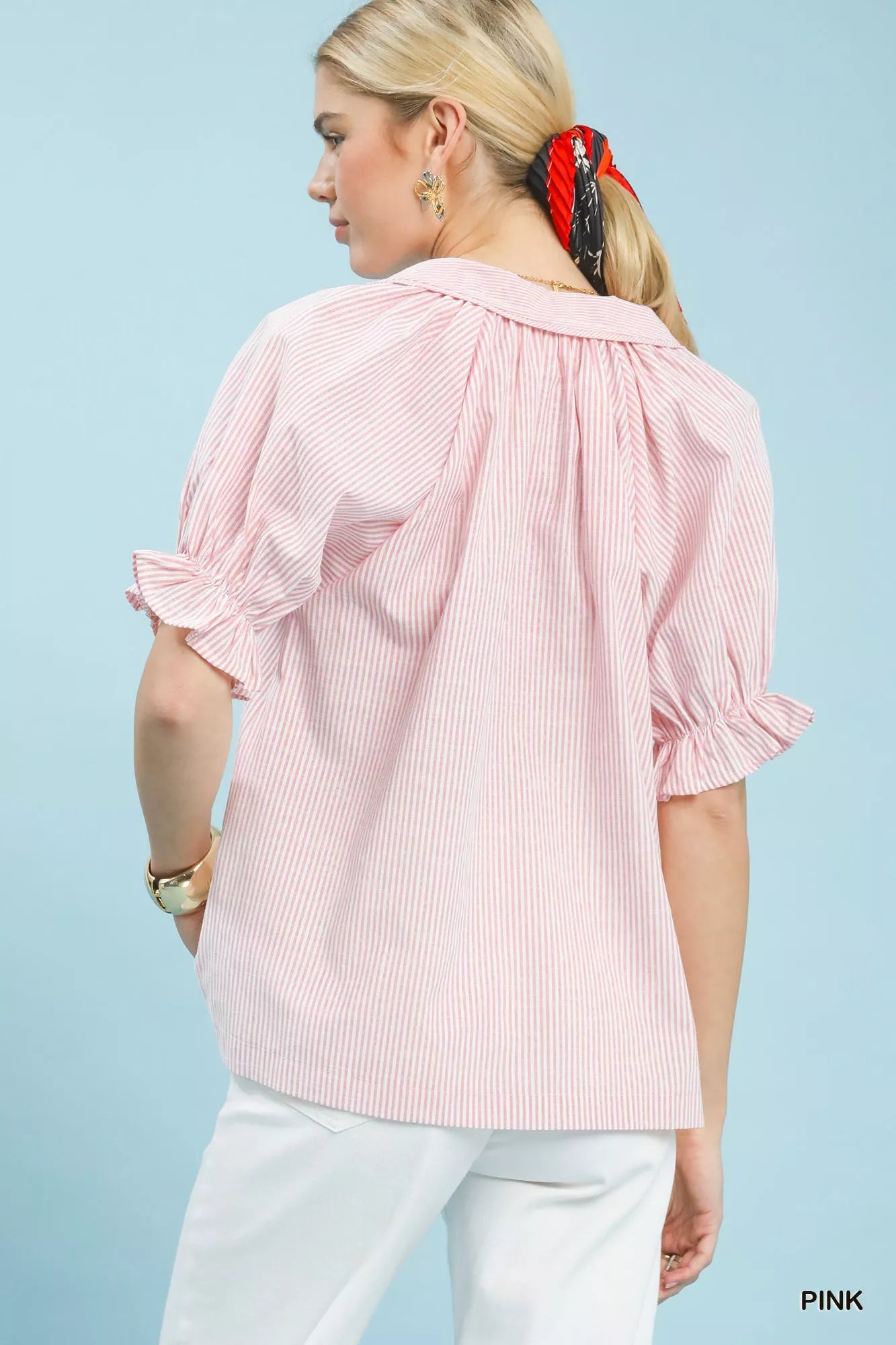 Umgee Pinstripe V-Neck Ruffle Sleeve Blouse Trendsi
