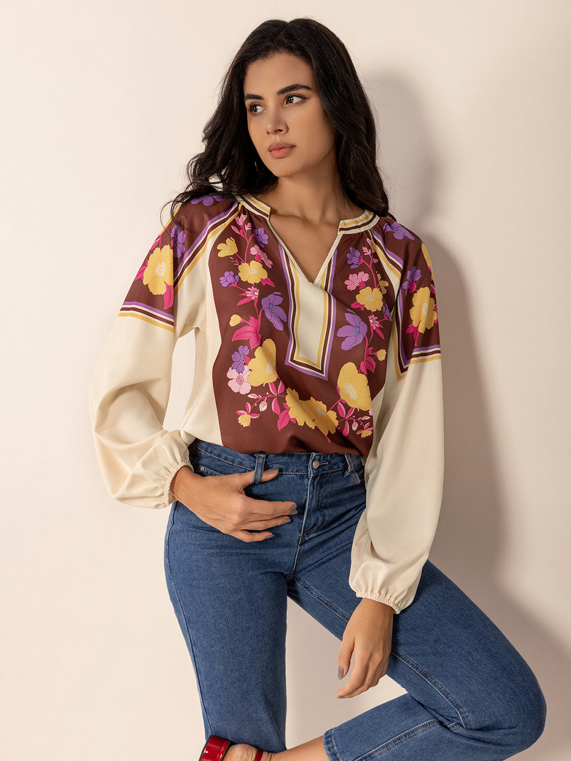 TEEK - Multicolor Printed Notched Long Sleeve Blouse TOPS TEEK Trend