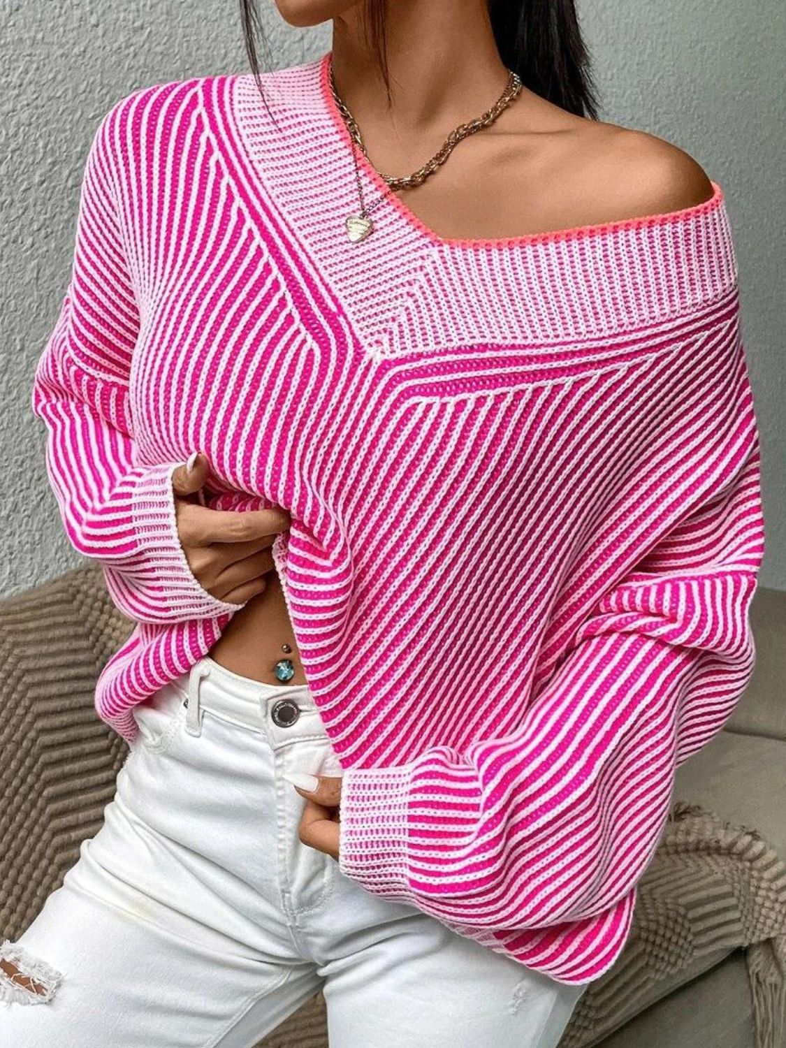 TEEK - Striped V-Neck Long Sleeve Sweater TOPS TEEK Trend Hot Pink One Size