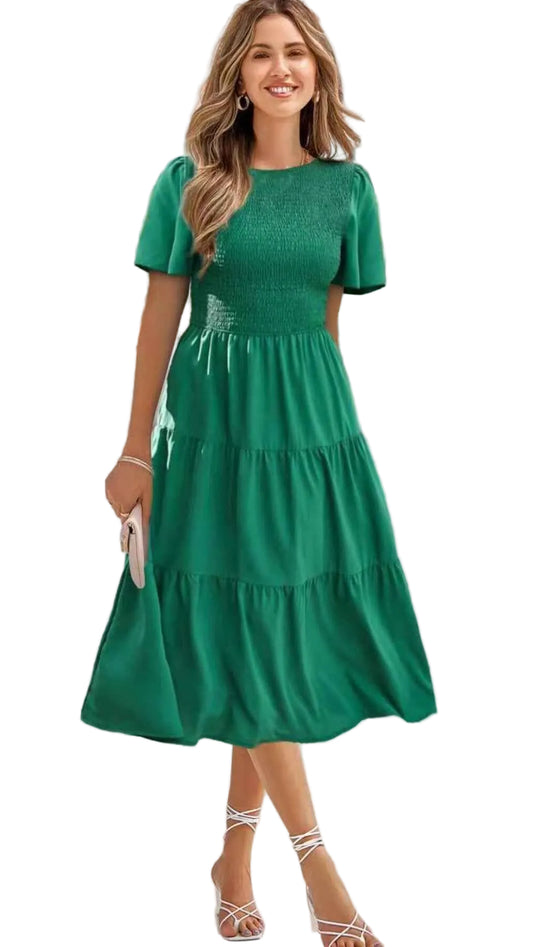 TEEK - Smocked Short Sleeve Tiered Dress DRESS TEEK Trend Green S