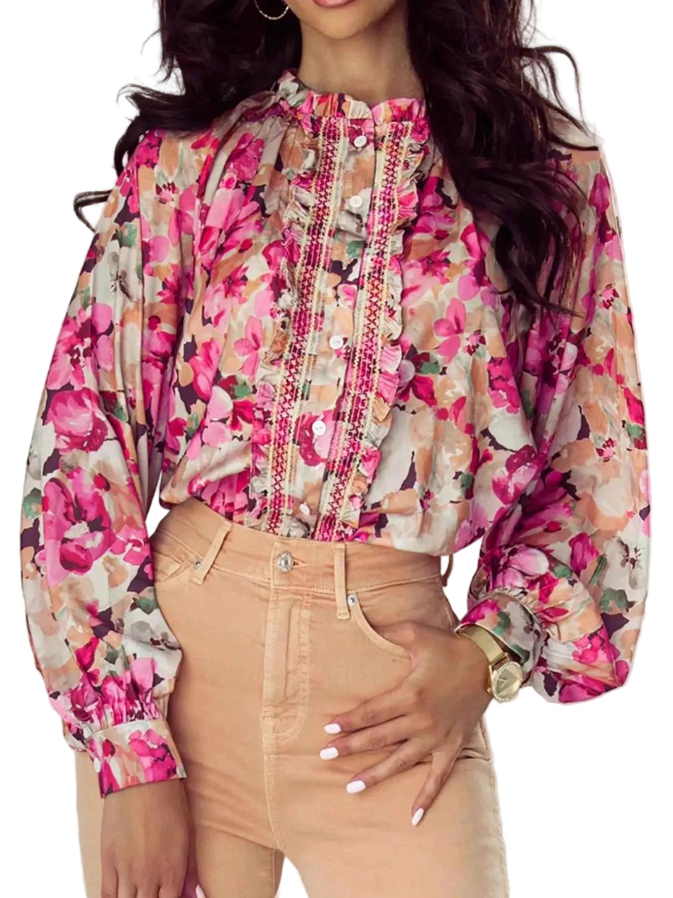 TEEK - Floral Print Ruffle Trim Long Sleeve Shirt TOPS TEEK Trend Dusty Pink S