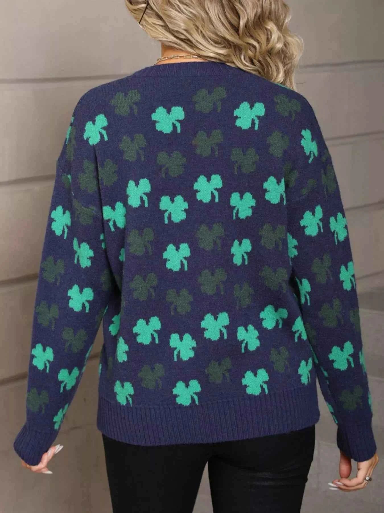 Lucky Clover Crew Neck Sweater Trendsi