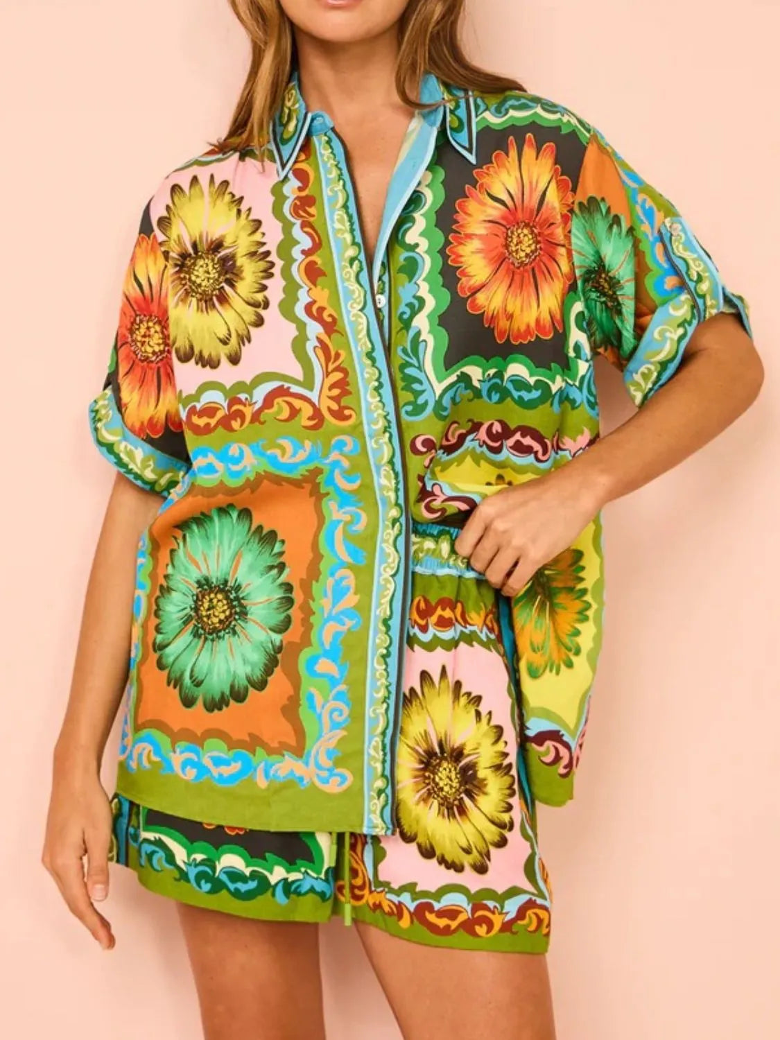 TEEK - Multicolor Printed Buttoned Top Drawstring Shorts Set SET TEEK Trend