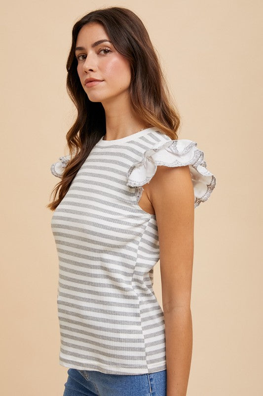 TEEK - Light Grey Ruffled Striped Round Neck Cap Sleeve Knit Top TOPS TEEK Trend