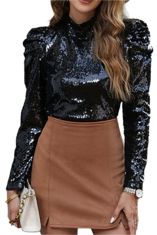 TEEK - Black Sequin Mock Neck Puff Sleeve Blouse TOPS TEEK Trend