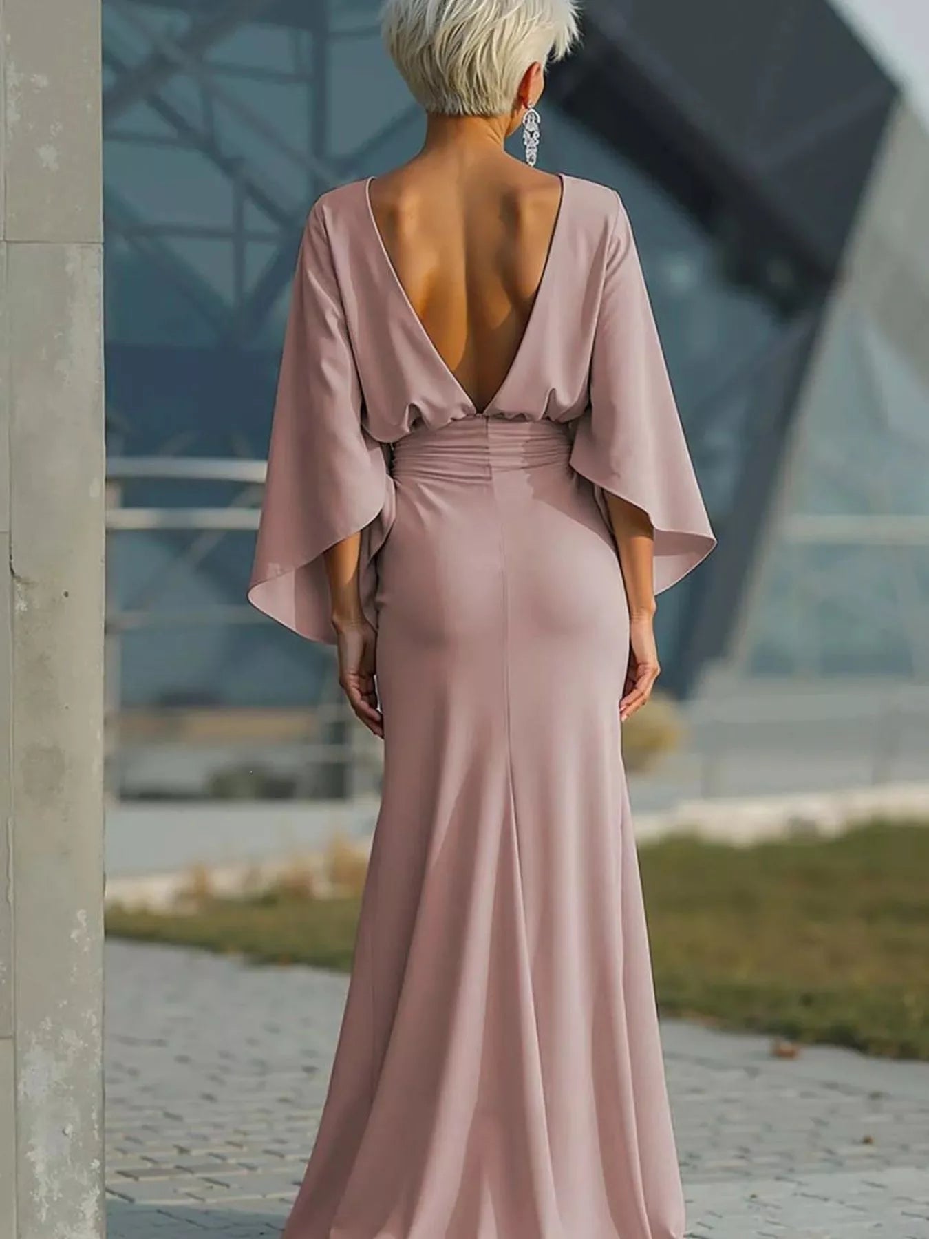 Batwing Sleeve Ruched Maxi Dress Trendsi