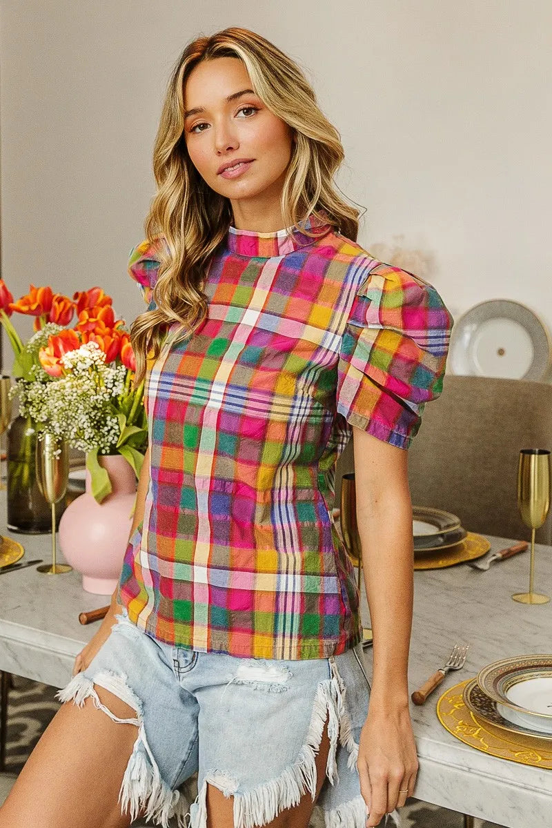 TEEK - Stained Glass Short Puff Sleeve Washed Vintage Plaid Top TOPS TEEK Trend